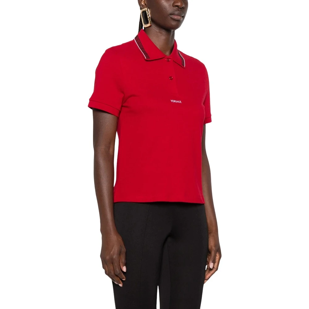 Versace Donna Rosso - Polo In Piqué Di Cotone Ricamato - Tops - 2XS