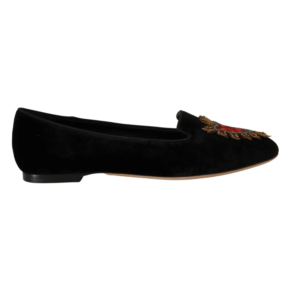 Dolce & Gabbana , Loafers, Female, Black, 2 Uk, Sacred Heart Patch Slip On Flat Shoes