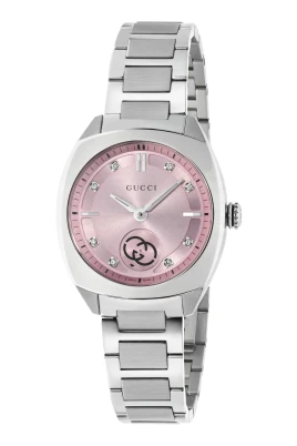 Interlocking 29mm rostfritt stålkapsel, rosa urtavla med 8 diamanter, liten sekundvisning, rostfritt stålarmband