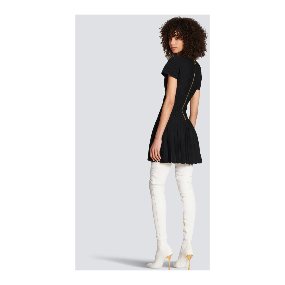 Balmain Korte Geplooide Gebreide Jurk Black Dames