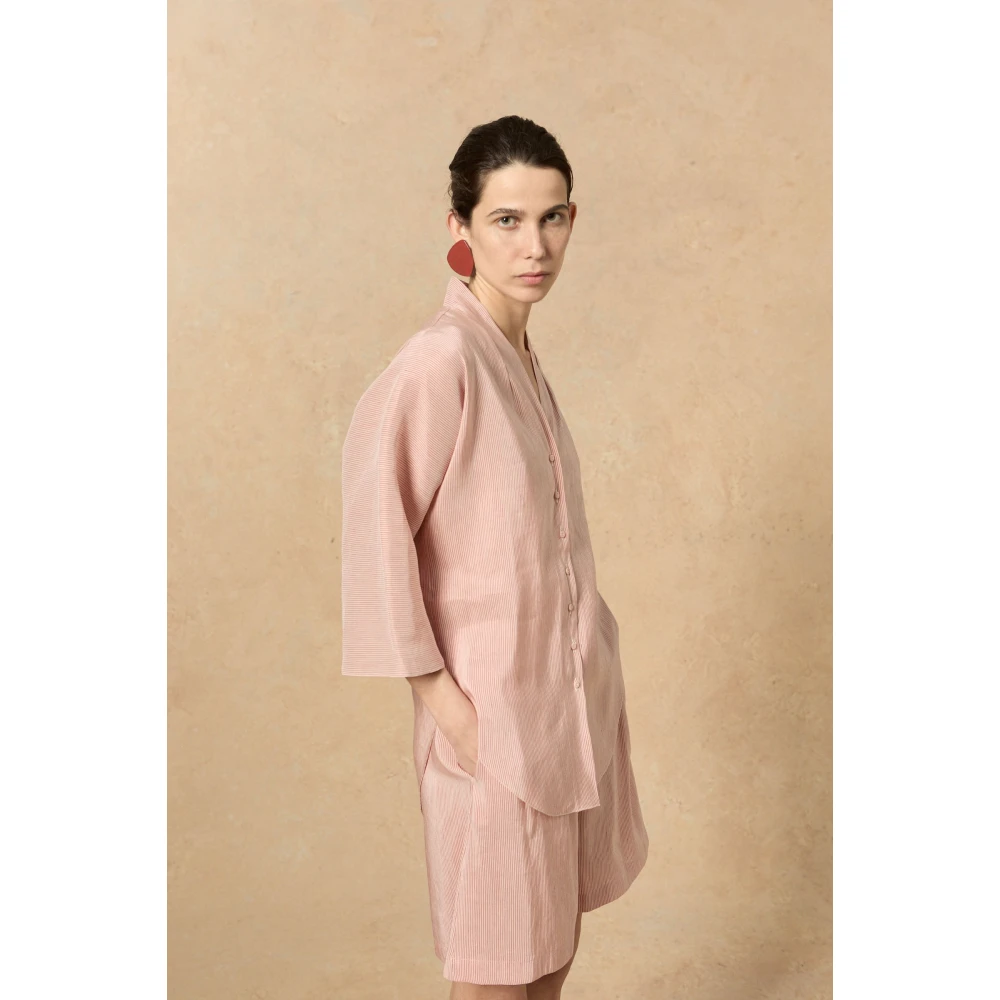Cortana Gestreepte high-waisted linnen zijden shorts Pink Dames