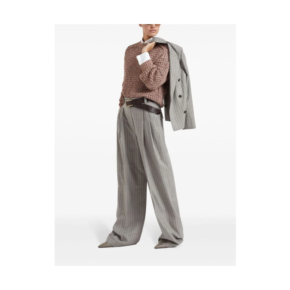 BRUNELLO CUCINELLI Taupe Wol Pinstripe Jas met Ketting Gray Dames