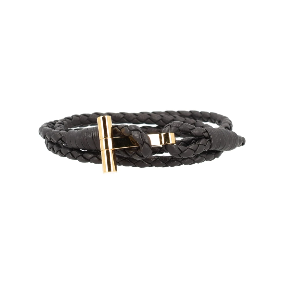 Tom Ford Men's Brown Bracelets, L, Braided Leather T Bracelet
