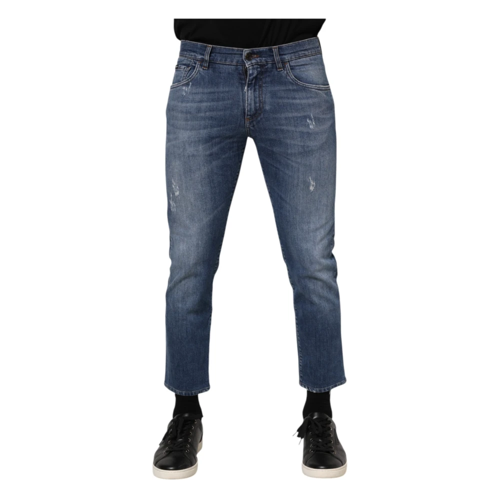 Dolce & Gabbana Men's Blue Cropped Jeans, M, Cotton Logo Plaque Denim Jeans