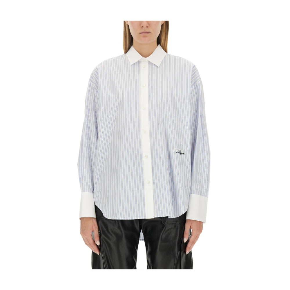 Msgm Logo Print Oversized Cotton Shirt Blue Dames