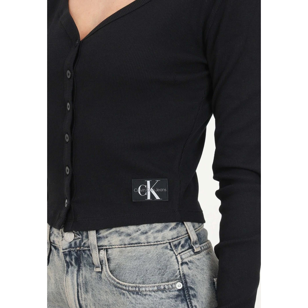 Calvin Klein Jeans Zwarte Geribbelde Cardigan met Knoopsluiting Black Dames