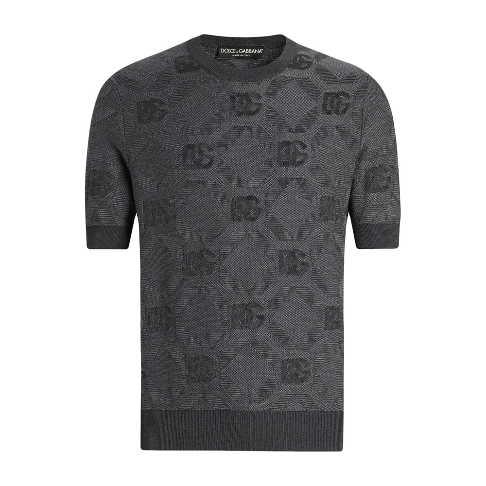 Dolce & Gabbana Men's Gray Round-Neck Knitwear, 3XL, Silk Round-Neck Jumper With Jacquard Logo