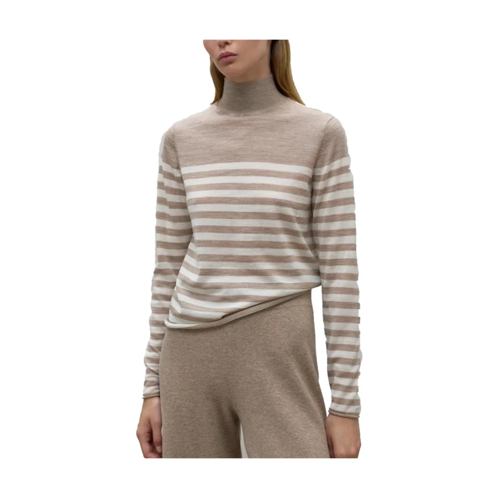 Ecoalf Gestreepte Gebreide Turtlenecks Beige Dames