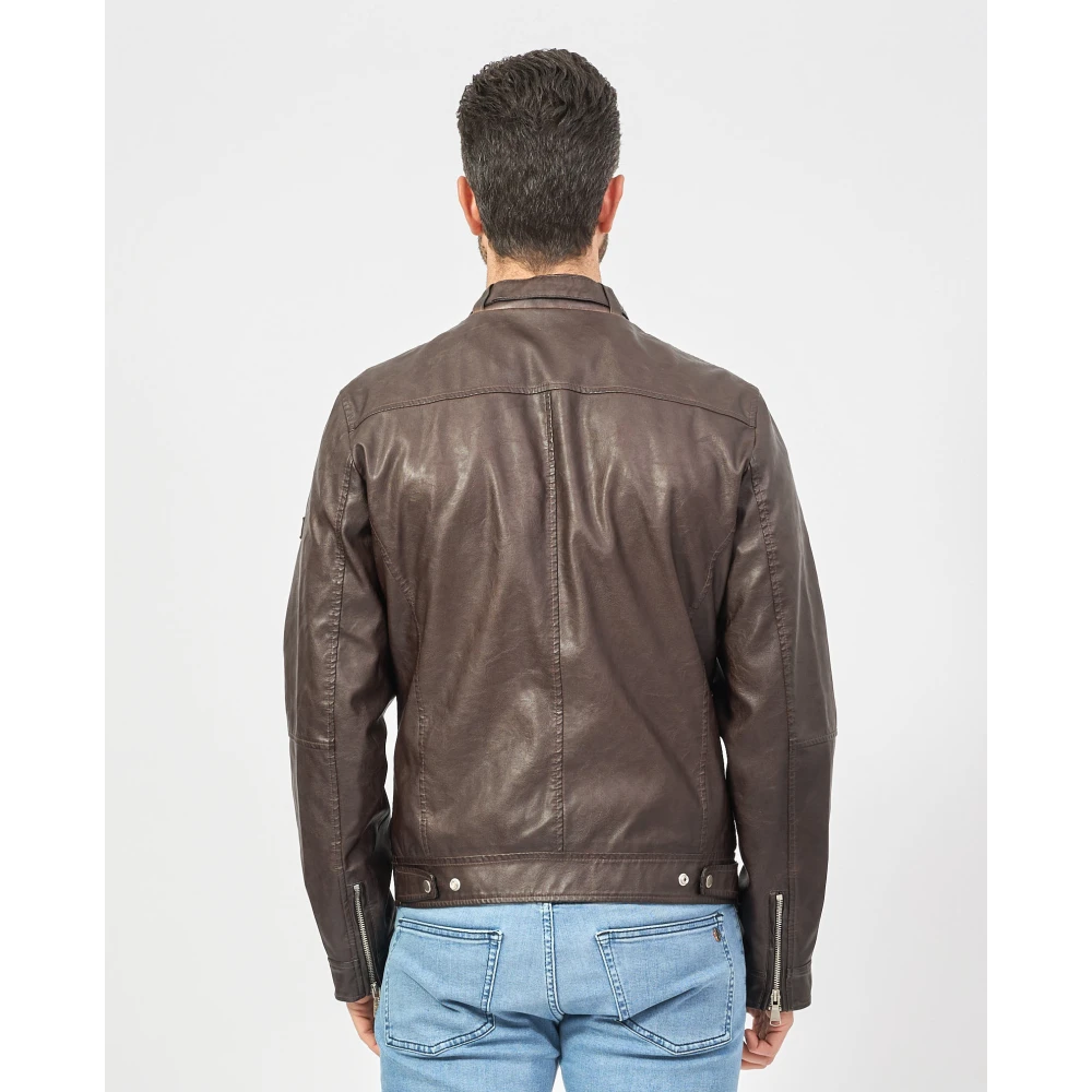 YES ZEE Bruine Leren Jas Fullzip Knopen Zakken Brown Heren