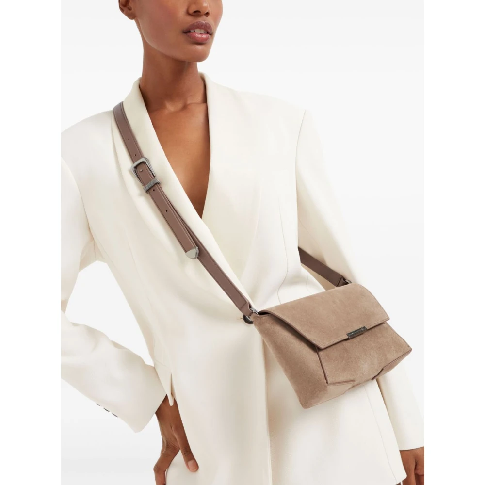 BRUNELLO CUCINELLI Beige Leren Crossbody Tas met Overslag Brown Dames