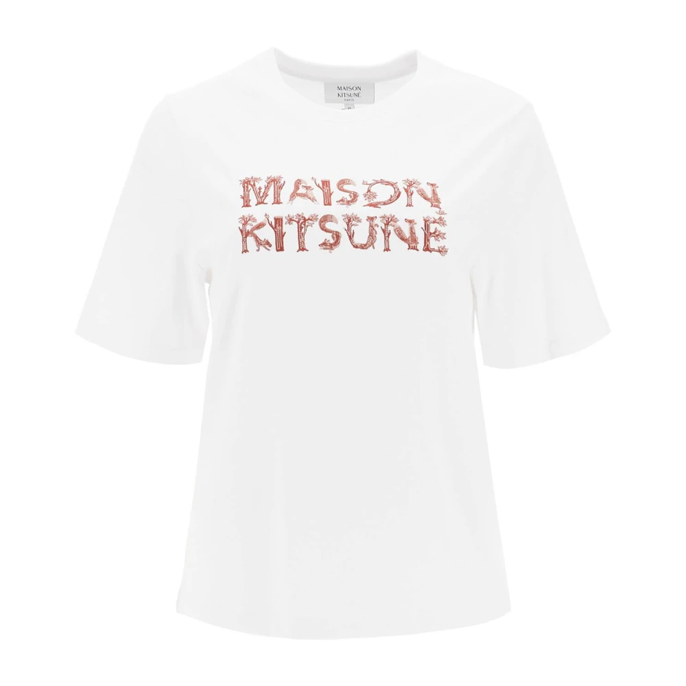 Maison Kitsuné Geborduurd Woodland Alphabet T-shirt White Dames