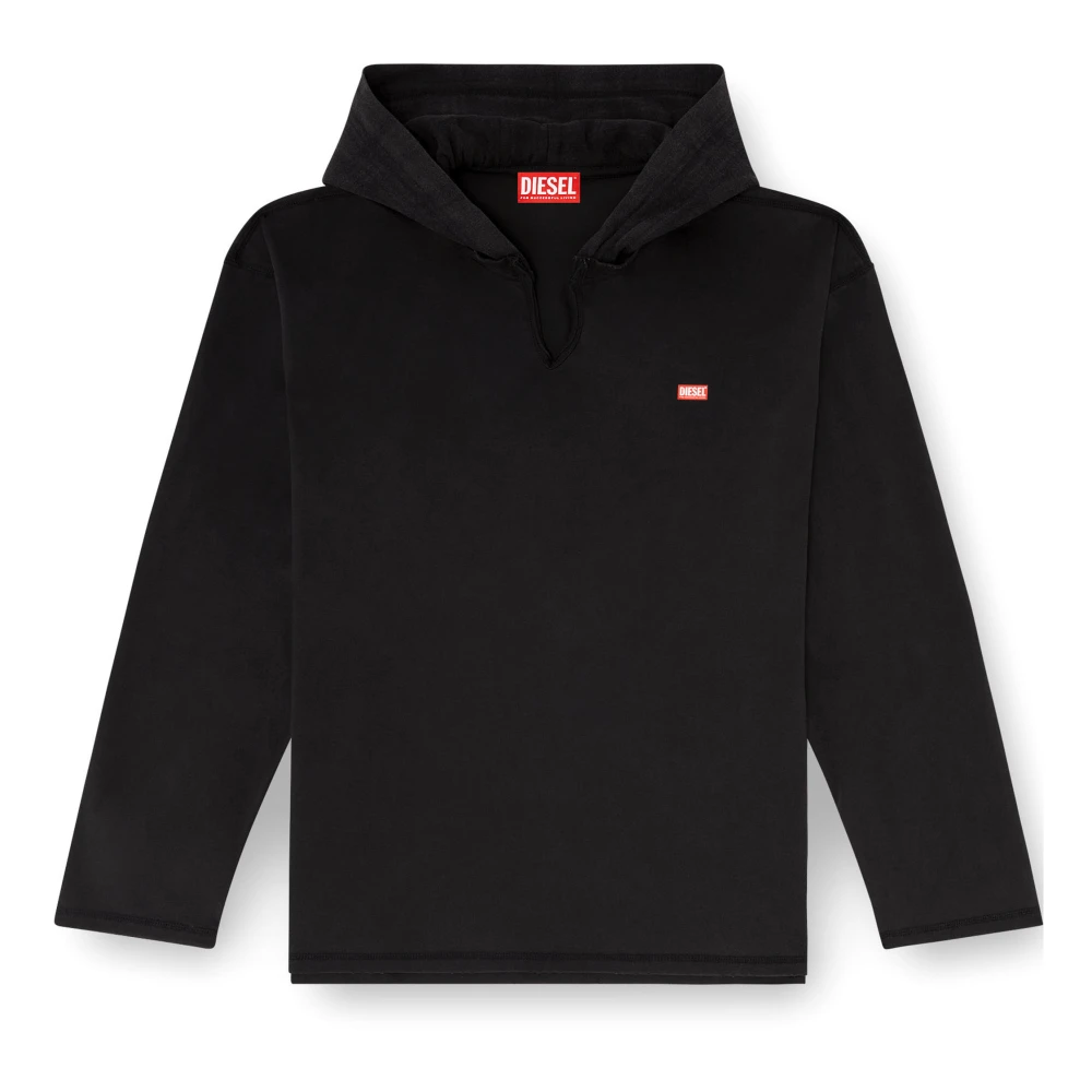 Diesel , Hoodies, Male, Black, M, Raw-Edge V-Neck Check-Flannel Hood