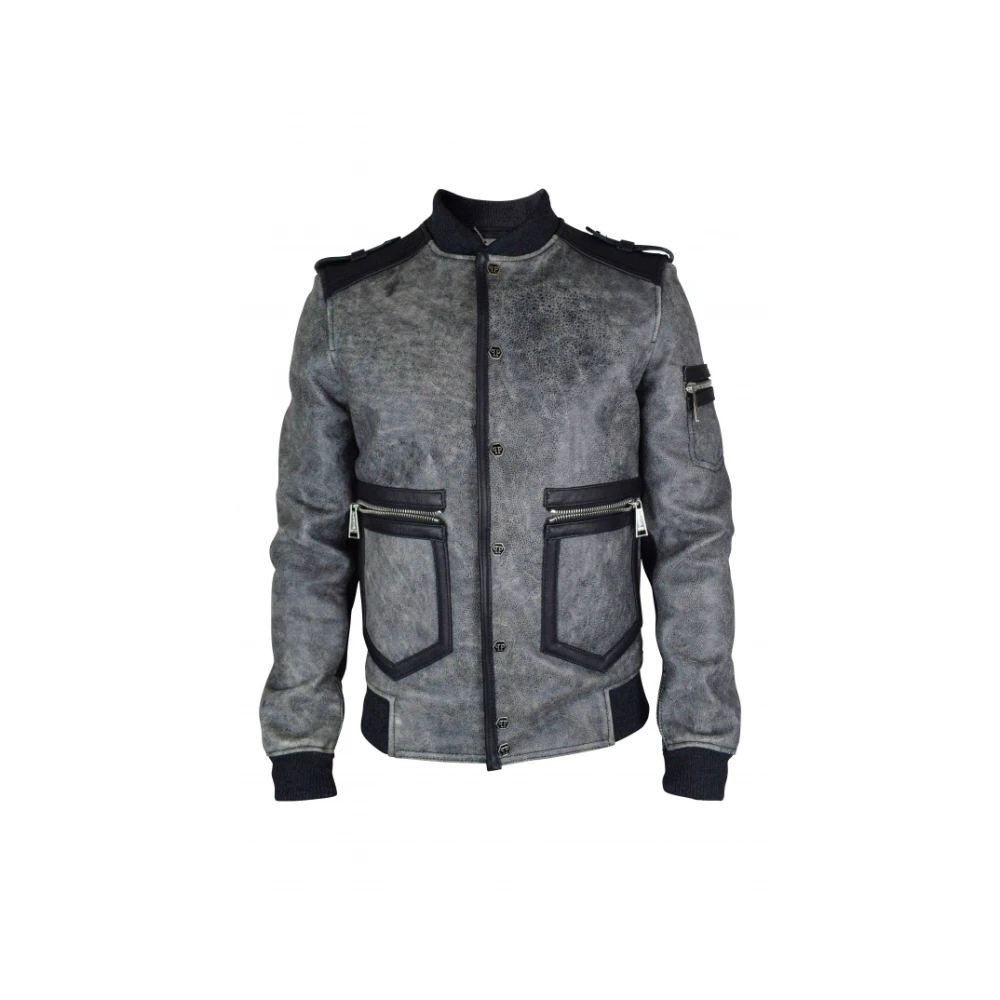 Philipp Plein Verouderde grijze leren jas met zwarte details Gray Heren