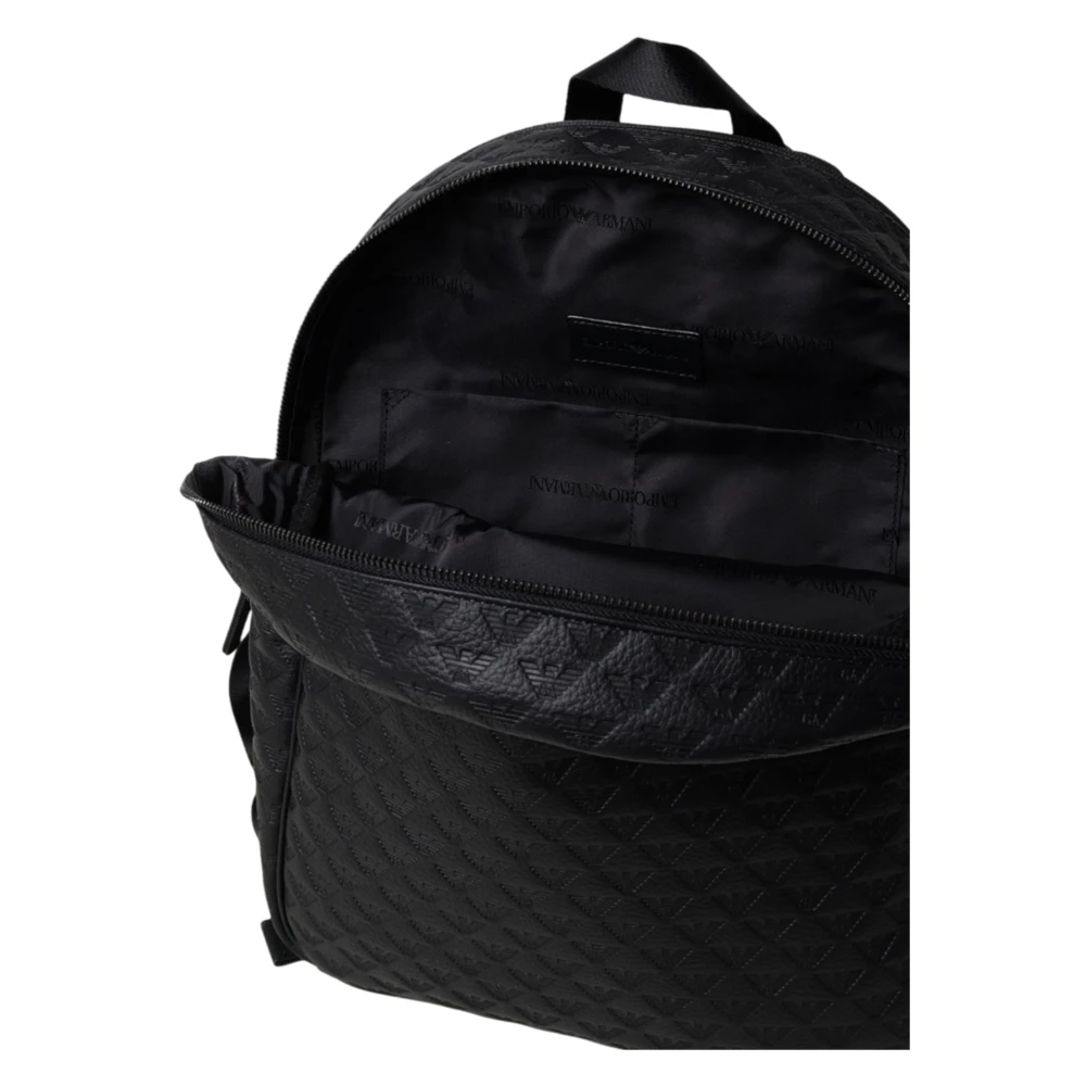 Emporio Armani Moderne leren rugzak met All-over Eagle-logo Black Unisex