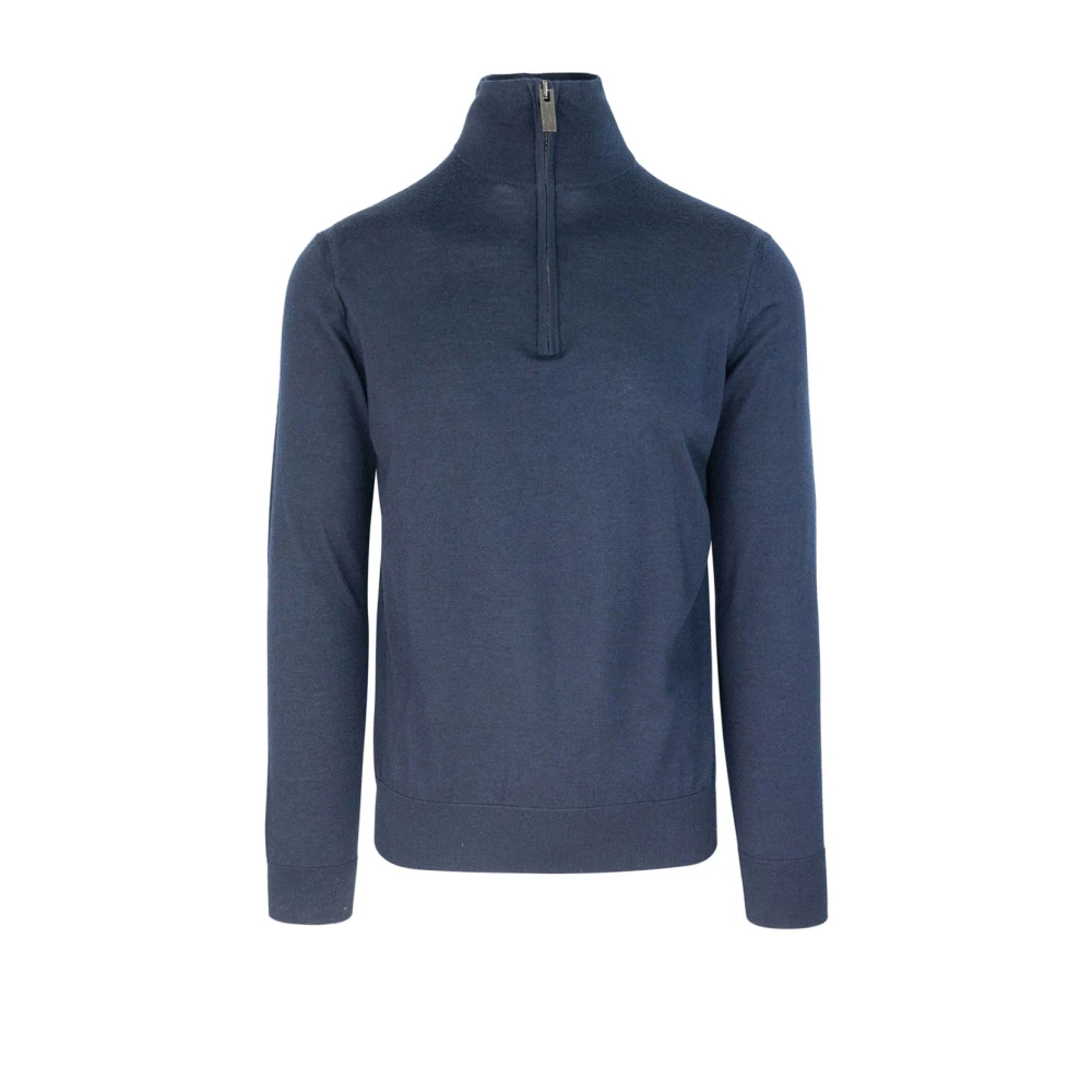 Paolo Pecora Blauwe Wol Slim Fit Half-Zip Sweater Blue Heren