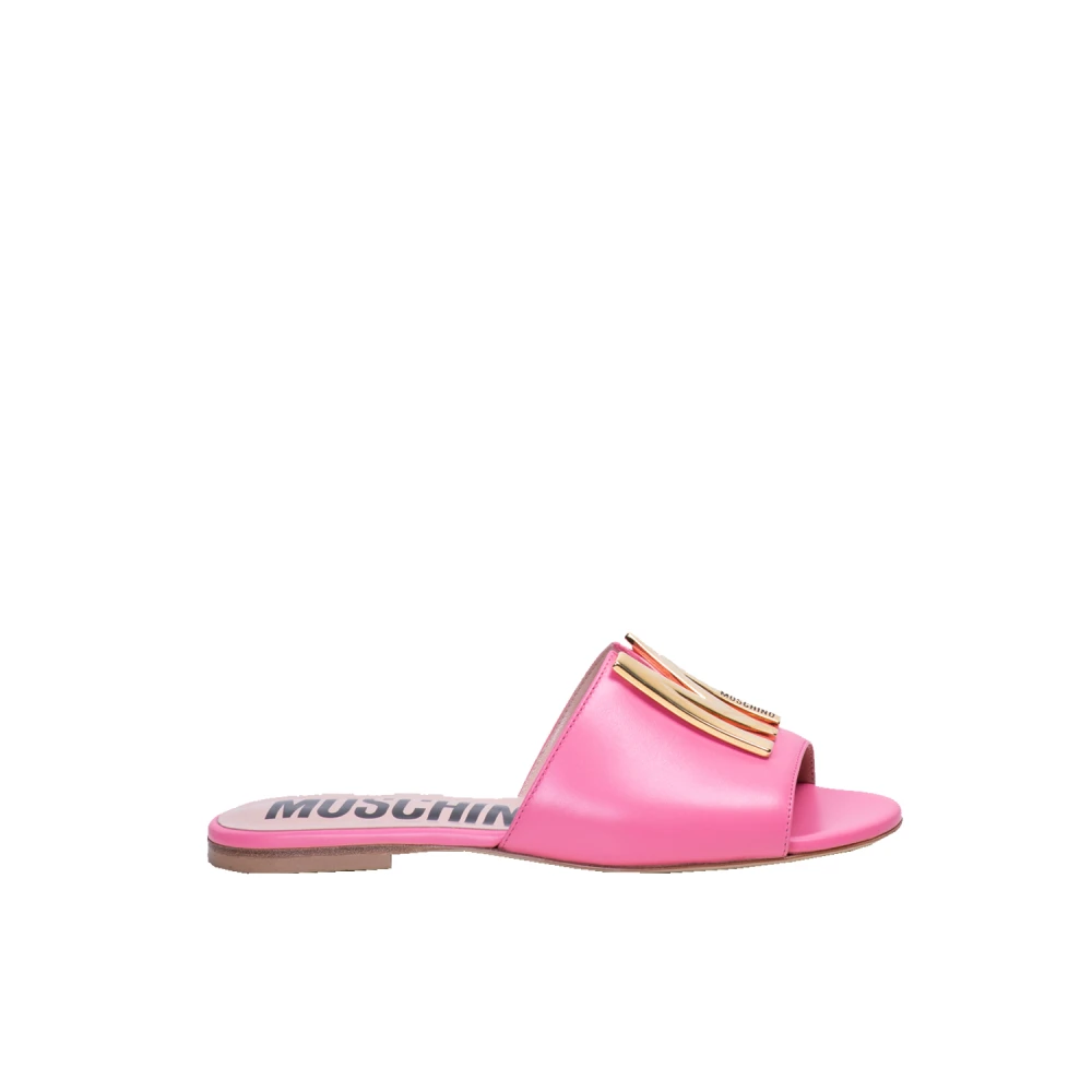 Moschino Gyllene M Logo Läder Sliders Pink, Dam