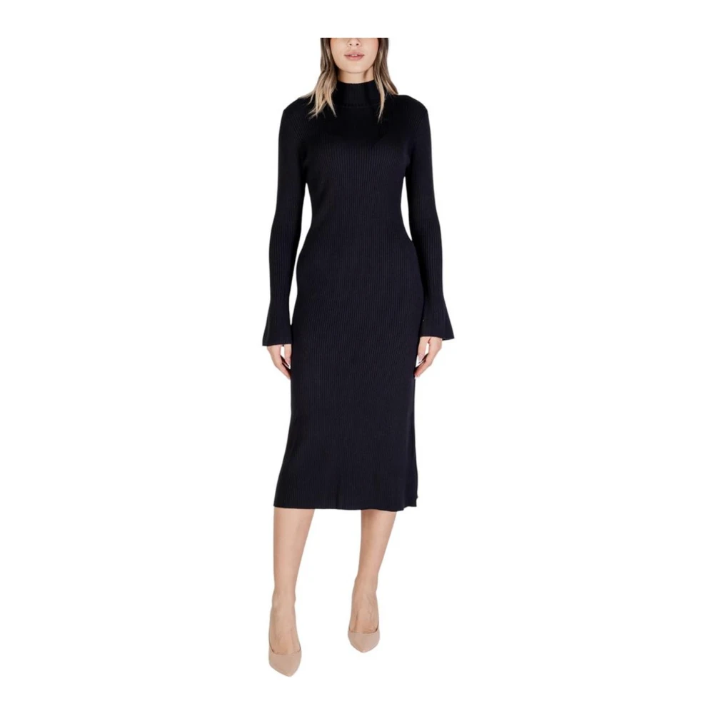 Sandro Ferrone Elegante Zwarte Viscosemix Jurk Black Dames