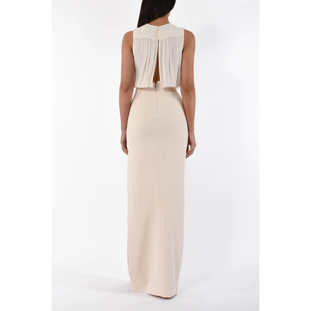 Elisabetta Franchi Lange Crêpe Jurk met Georgette Veters Beige Dames