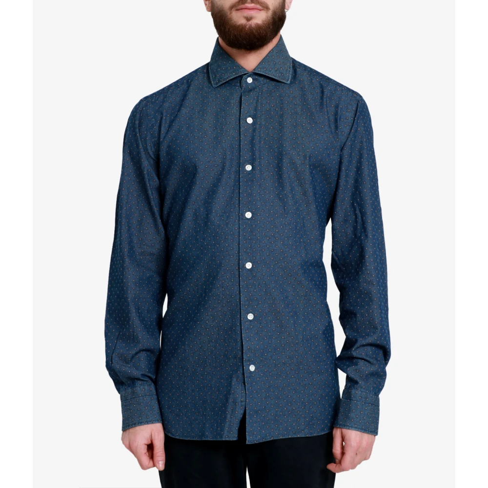 Barba Donkere Denim Overhemd met Microbloemen Blue Heren