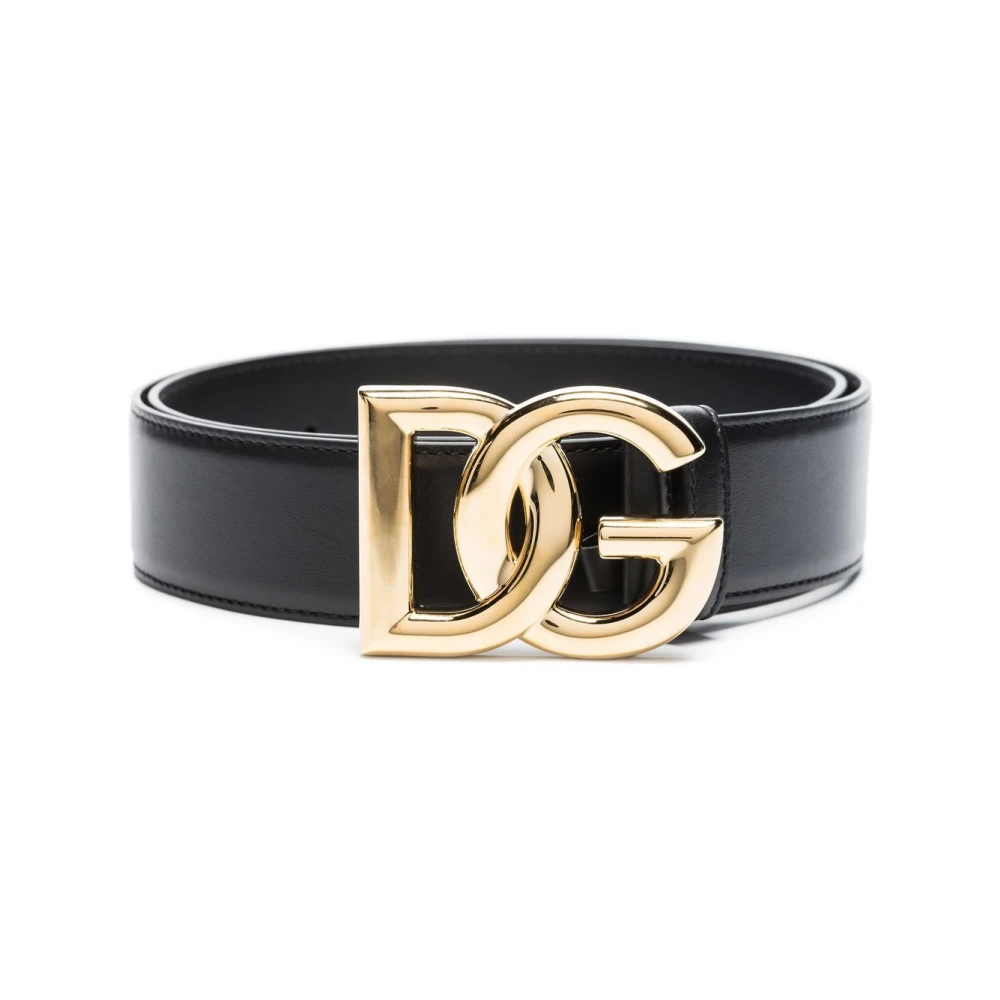 Dolce & Gabbana Women's Black Belts,, Logoed Calfskin Belt With Golden Buckle Medium