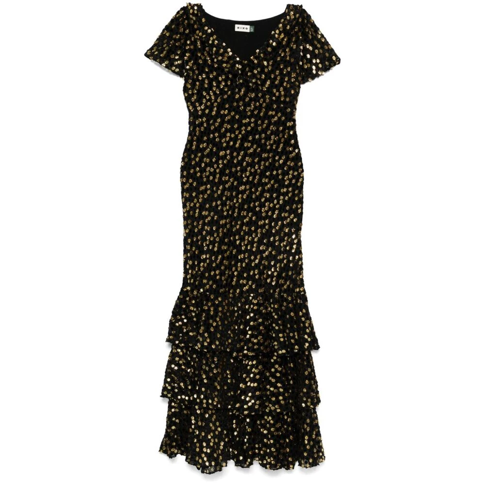 Rixo Polka Dot V-hals Ruffle Jurk Black Dames