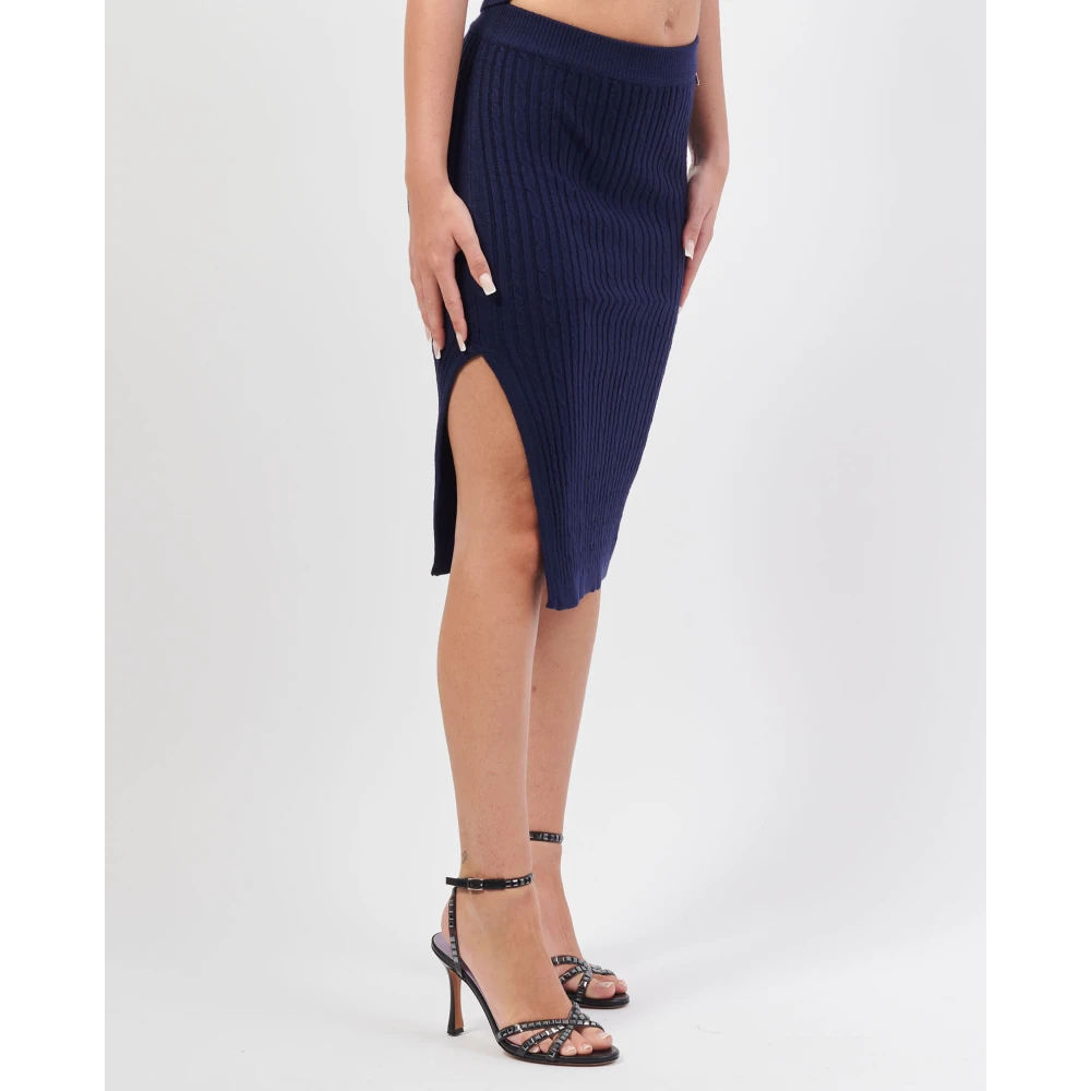 Fracomina Blauwe Gebreide Midi Rok met Zijsplit Blue Dames