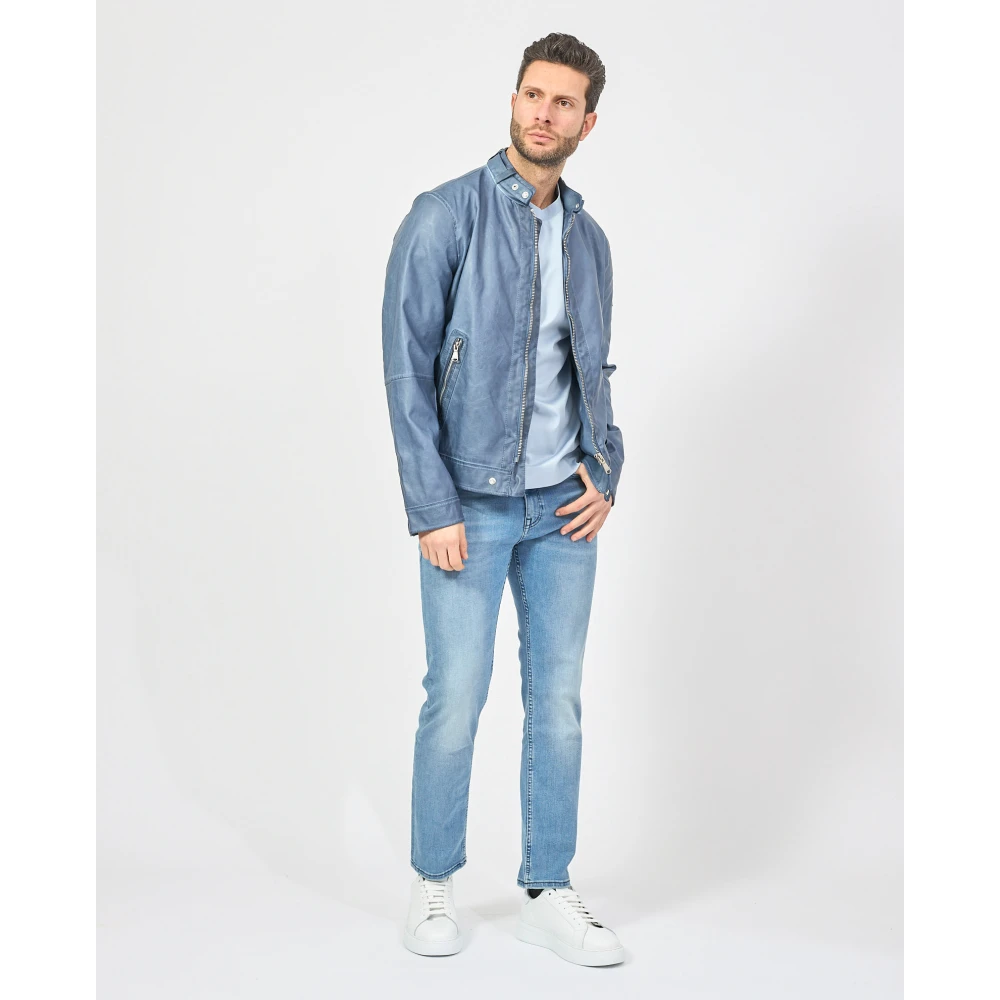 YES ZEE Blauwe Leren Fullzip Jas Blue Heren