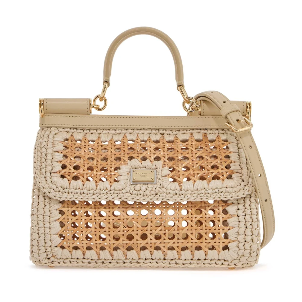 Dolce & Gabbana Langwerpige Vienna Straw Handtas met Vergulde Plaat Beige Dames