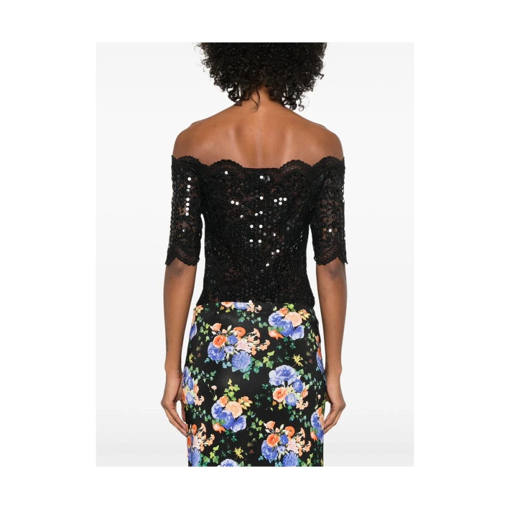 Paco Rabanne Bloemenkant Paillet Off-Shoulder Top Black Dames