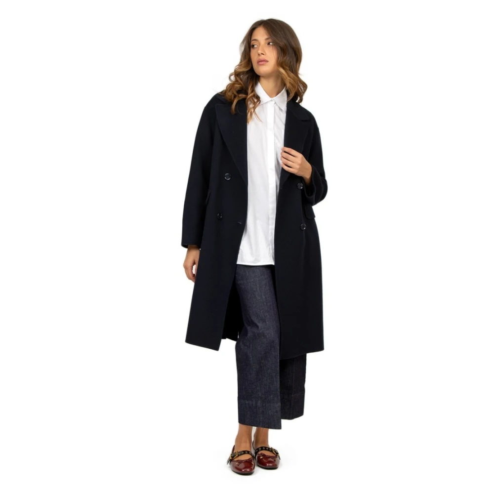 Max Mara Blauwe Wol Double-Breasted Midi Jas Blue Dames