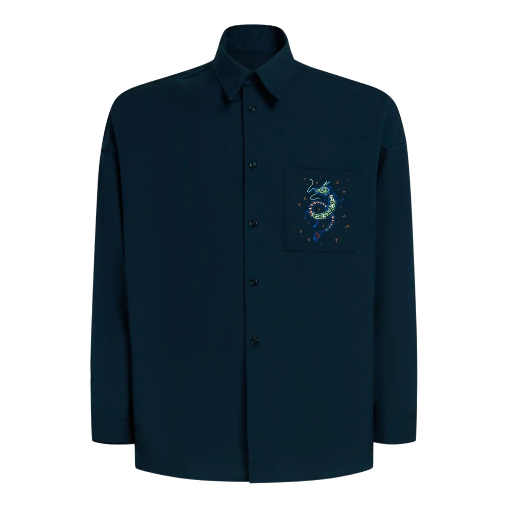 Marni Wollen shirt met geborduurde draak Blue Heren