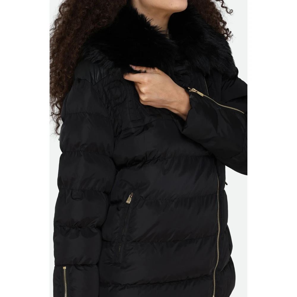 pinko Zwarte Gewatteerde Jas met Bontkraag Black Dames
