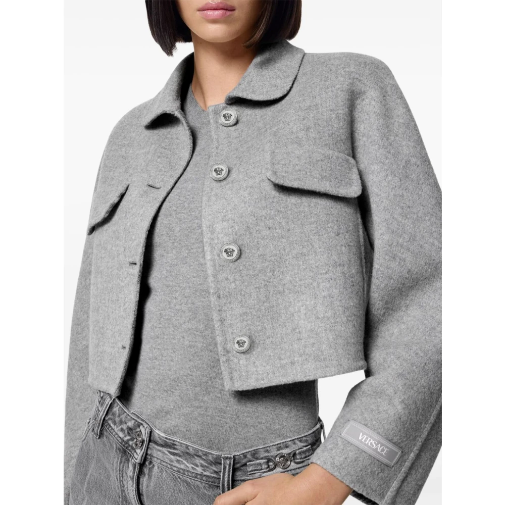 Versace Grijze Wol Kasjmier Korte Jas Gray Dames