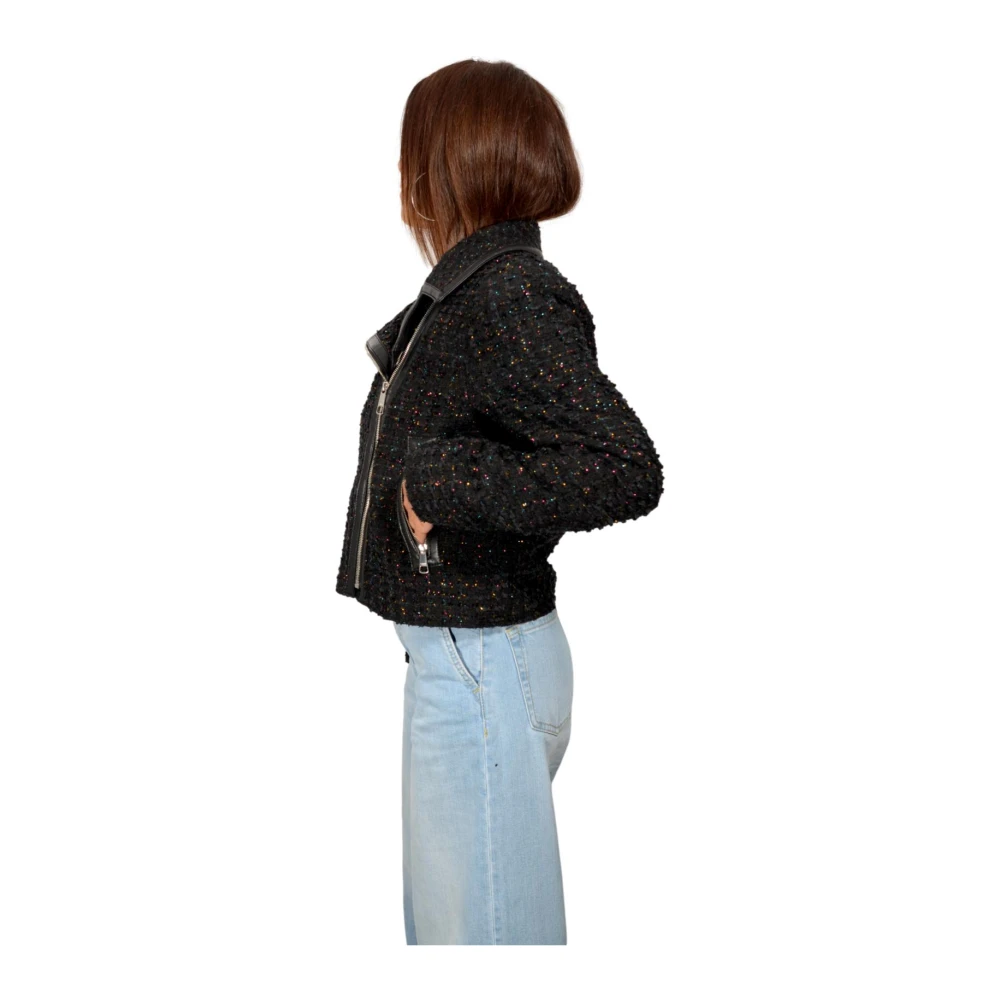Hugo Boss Tweed Lurex Leren Trim Jas Black Dames