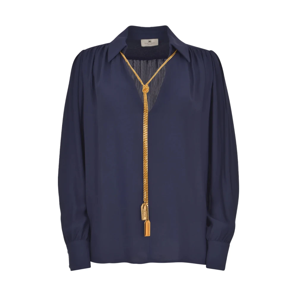 Elisabetta Franchi Georgette blouse met V-hals en gerimpelde schouders Blue Dames