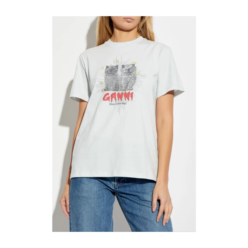 Ganni Blauw Grafisch Print Crew Neck T-shirt White Dames