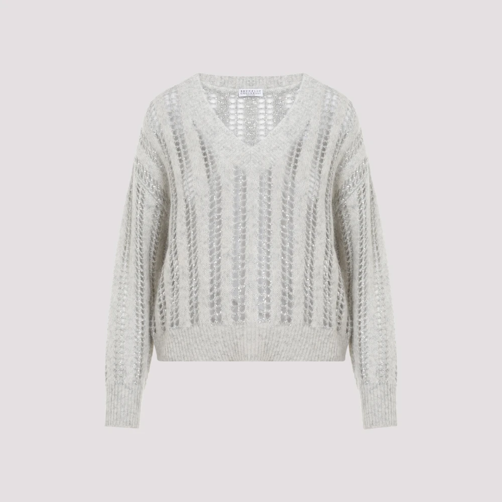 BRUNELLO CUCINELLI Glanzend Net V-hals Top Gray Dames