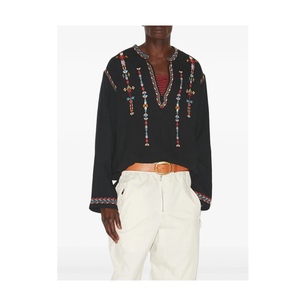 Isabel marant Geborduurd Katoenen Shirt Ronde Hals Lange Mouwen Black Heren