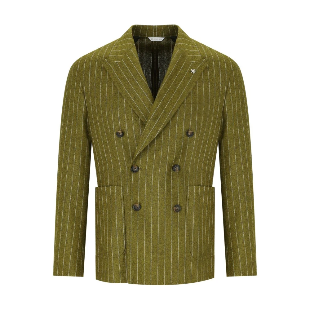 Manuel Ritz Men's Green Blazers, L, Pinstriped Double-Breasted Jacket