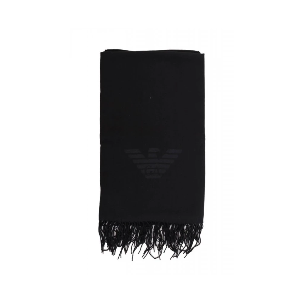 Emporio Armani Uomo Nero Sciarpa Con Frange E Stampa Aquila