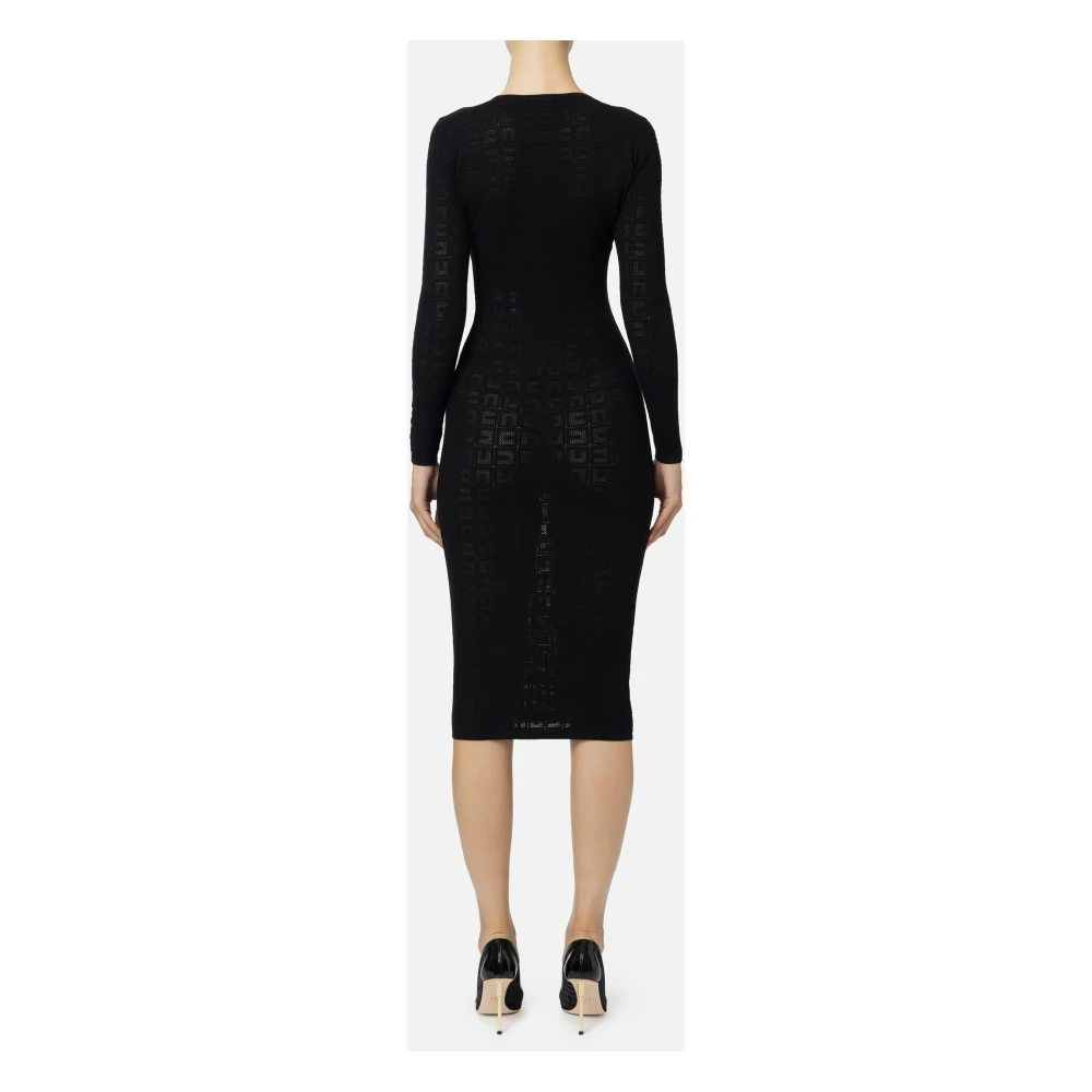 Elisabetta Franchi Zwarte Logo Midi Jurk met Lange Mouwen Black Dames