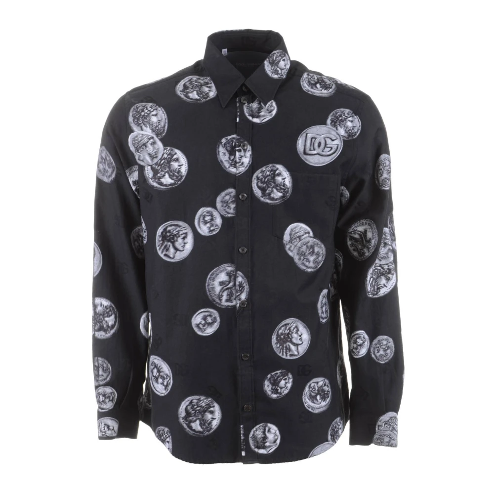 Dolce & Gabbana Mannen Munten Print Lange Mouw Shirt Black Heren