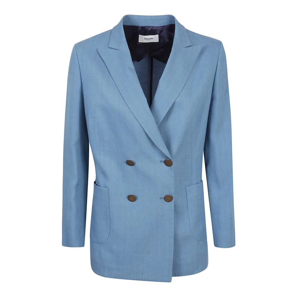 Saulina Heldere Blauwe Linnen Viscose Jas Blue Dames
