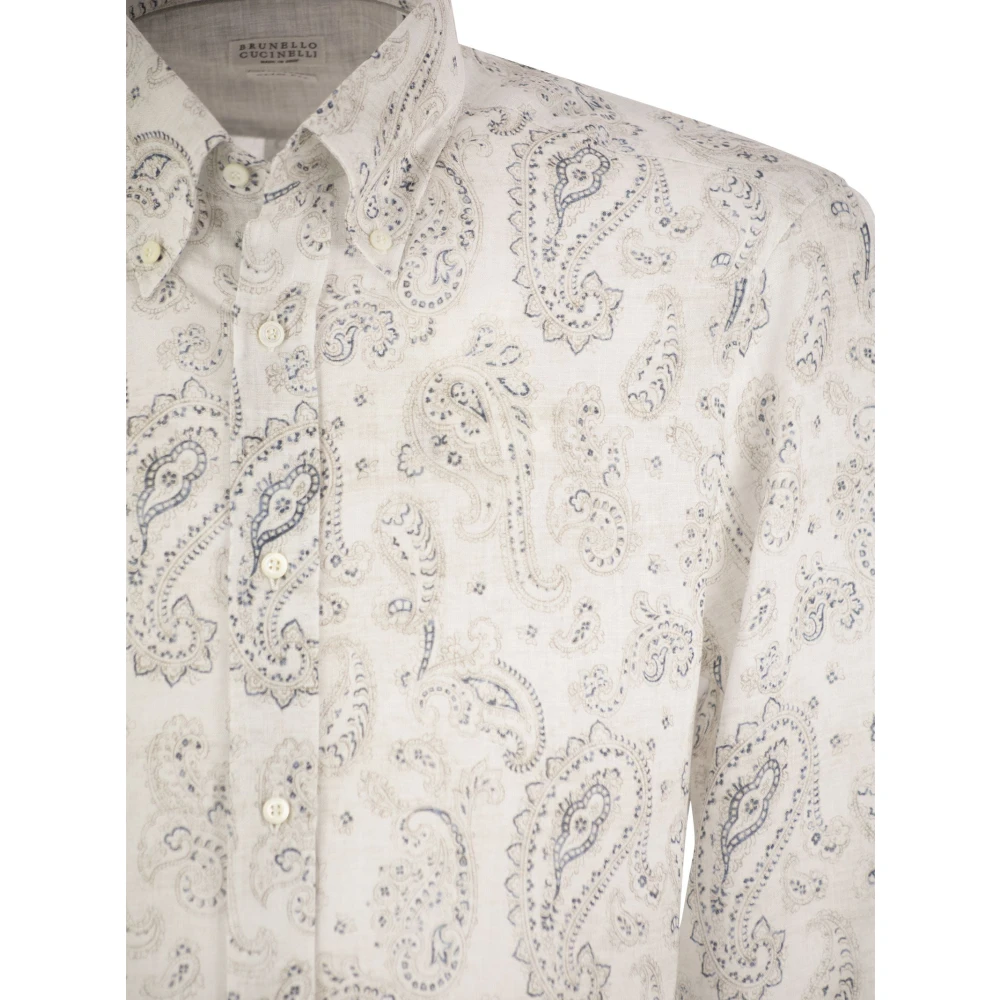 BRUNELLO CUCINELLI Slim Fit Linnen Overhemd met Paisley Decoraties White Heren