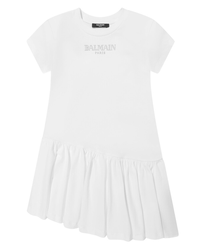 white-ruffle-dress-with-rhinestone-logo