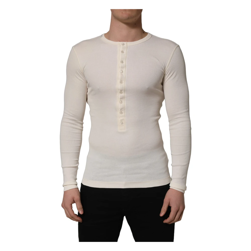 Dolce & Gabbana Men's White Henley Pullover Jumper - Round-Neck Knitwear - S - Knitwear