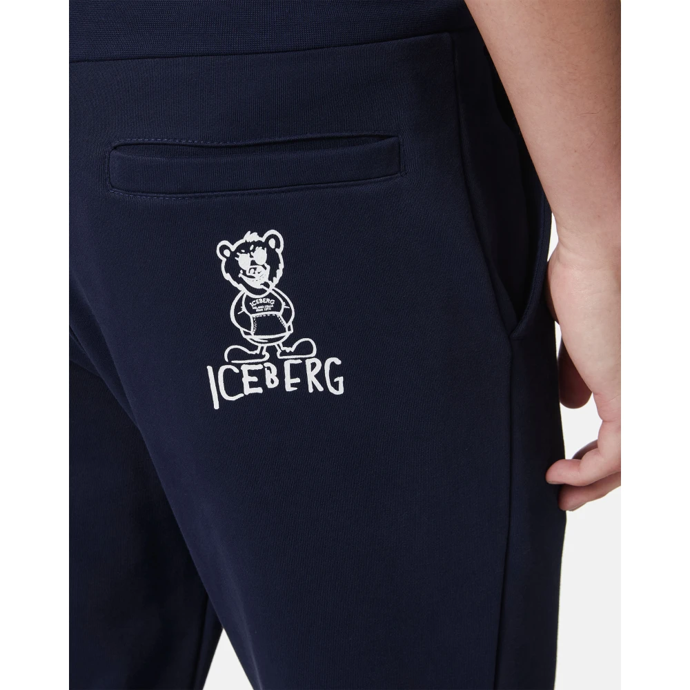 Iceberg Blauwe katoenen fleecejoggingbroek met berenprint Blue Heren