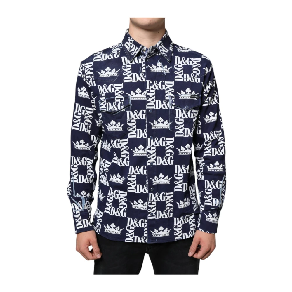 Dolce & Gabbana Blue Crown Logo Print Slim Fit Cotton Shirt - IT38 | XS - Image 3