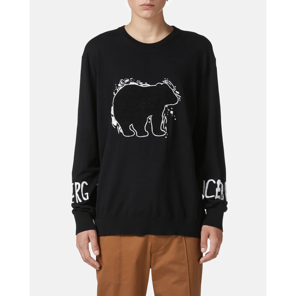 Iceberg Zwarte katoenen crewneck met logo en beerdetail Black Heren