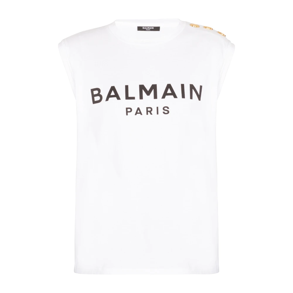 Balmain, Sleeveless Tops, female, White, Size: S cotton T-shirt with logo print